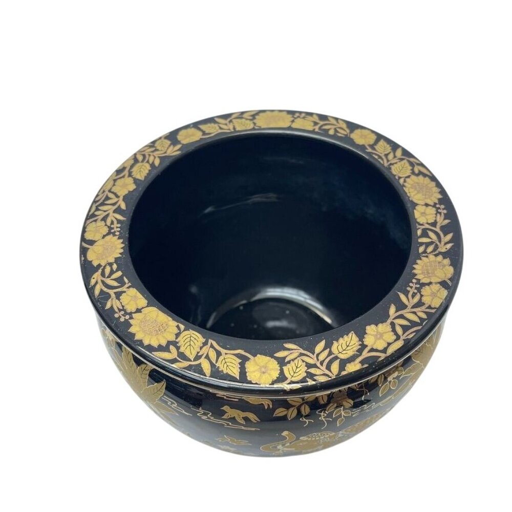 Vintage Black & Gold Elephant Asian Chinoiserie Style Floral Vase - Picture 5 of 7